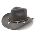 Dark grey woven cowboy hat with ethnic band, seashells and tassels on white background - M (56-58cm) / Black and Gray