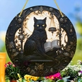 Bohemian gothic acrylic disk featuring a mystical black cat with books and scales - Gothic Black Cat Pattern (18) / 15x15x0.2cm