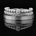 Silver vintage titanium steel bracelet set featuring skull beads and roman numerals - Steel Color Skull with White Zircon