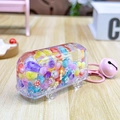 Pink bus liquid keychain with colorful beads and bell charm hanging on metal ring - Bus Colorful Beads-Iridescent