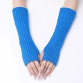 Long bright blue ribbed knit arm warmers with thumb holes for winter comfort - Blue