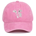 Detailed close-up of cow embroidery on vintage washed pink cotton baseball cap - Adjustable / Pink