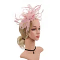 Pink bridal fascinator hat with soft feathers and elegant mesh flower on hair clip - Nude Pink