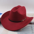 Dark red western cowboy wool felt hat with black leather band and gold buckle detail - Long Buckle / Burgundy