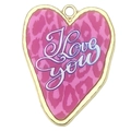 Pendentif cœur léopard rose avec texte Love You et bord doré pour création de bijoux - 31x24mm / Cœur Léopard Rose