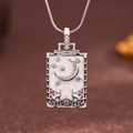 Silver celestial tarot card necklace with moon, stars and white enamel inlay - Silver (X6071SY)