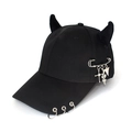 Detail view of black punk baseball cap with devil horns and silver metal cross pendants - Safety Pin Snake Black