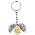 Macro detail of sunflower locket keychain with engraved KEEP fucking GOING metal plate - T00005 Silver Shell Gold Disc (Keep fucking going)