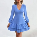 Blaues langärmliges Minikleid mit V-Ausschnitt, Volants und Taillengürtel-Design - S / Blau