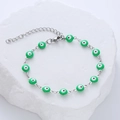 Silver stainless steel chain bracelet with twelve green enamel evil eye beads and lobster clasp - Green
