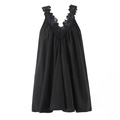 Women's black V-neck satin mini dress with delicate floral lace trim and sleeveless design - S / Black