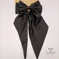 Large black satin bow hair clip with elegant long ribbons and spring fastener - Scarf Bow / Black