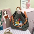 Sage green nylon tote with artistic owl embroidery and bright orange shoulder strap - Gray Art Rabbit (Without Shoulder Strap)