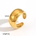 Detail of 12mm wide 18k gold plated stainless steel ring showing size and weight - Wide Mirror Finish Open Style (TR4423)