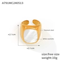 Gold plated titanium steel ring with square white shell inlay and open adjustable band - Gold Ring