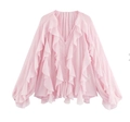 Detailed view of pink chiffon blouse featuring elegant ruffle trim and V-neckline buttons - XS / Lotus Pink