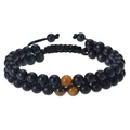 Zweilagiges geflochtenes Armband mit matten schwarzen Steinen, Tigerauge und Kordelzug - 6mm Mattstein-Armband