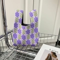 Cute lavender knitted tote bag with deep purple floral patterns and green leaves - Purple Lavender