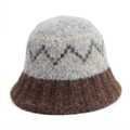 Dettaglio cappello a secchiello grigio in maglia con texture mohair e motivo a zigzag - caffè