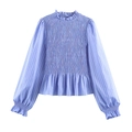 Light blue pinstripe blouse featuring ruffled high neck and smocked chest detailing - XS / Sky Blue Stripes