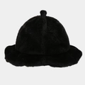 Chic black plush bucket hat for women with a warm fuzzy texture and dome top design - Black