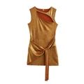Mouwloze gouden metallic feestjurk met schouderuitsnijding en knoopdetail in de taille - XS / Oranje