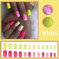 Neon pink and green wavy pattern press-on nails set with long square glossy finish - W1054 Glue Style