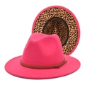 Detail of rose red fedora hat featuring leopard print lining and brown leather band buckle - M (56-58cm) / Rose Red