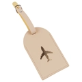 Beige leather luggage tag with gold embossed airplane motif and adjustable metal buckle - Khaki