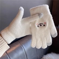 White knitted winter gloves featuring cute bear embroidery and gray touchscreen fingertips - Bear / White