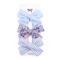 Three-piece fabric bow hair clip set featuring blue, floral, and checkered patterns - DP037-4 (3pcs Set: Light Blue Solid/Colorful Floral/Light Blue Plaid)