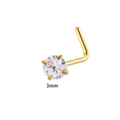 Golden L-shaped nose stud with 3mm round clear cubic zirconia in a four-prong setting - L-Shape Round Zirconia (Gold)