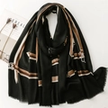 French style cotton-linen scarf with brown leather belt print and fringed edges - 180*88cm / Black