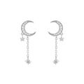 Eleganti orecchini pendenti con stella e luna in argento S925 e zirconi luccicanti - Oro Bianco
