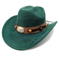 Detail of dark green suede cowboy hat with embossed bull head metal buckle and ethnic trim - M (56-58cm) / Dark Green