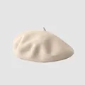 Classic beige wool beret hat for women with a minimalist soft texture and top tail detail - M (56-58cm) / Beige