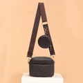Dark brown quilted camera bag with wide shoulder strap and matching round coin purse - Brown