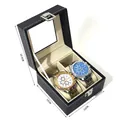 Black PU leather watch box with 2 slots, clear window, and white contrast stitching - 2-Slot Watch Box