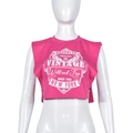 Detail of pink sleeveless crop top featuring vintage Brooklyn print on ribbed fabric - L / Rose Red