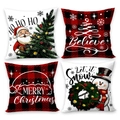 Set van 4 kerstkussenhoezen met rode buffelruitbomen en feestelijke cartoonprints - Zwart Rood Raster Sneeuwvlok Sneeuwpop (Set van 4)