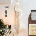 Handmade moon macrame wall hanging with warm LED lights and long cotton fringe - Moon with Crystal Stone Pendant