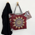 Ethnic embroidery canvas tote bag with sun mandala pattern and striped handles - Style 4