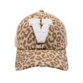 Detailed shot of leopard print baseball cap with V patch and distressed brim details - Leopard-Letter V