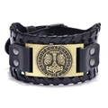 Schwarzes breites Herren-Lederarmband mit antikem Wikinger-Wolf-Metallschild aus Bronze - Echtes Leder - Antikbronze