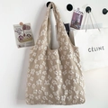 Minimalist beige canvas tote bag with 3D white flower embroidery for women - Khaki Texture Small Flower
