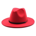 Detail of red wool fedora hat featuring a black leather band and metal chain trim - M (56-58cm) / Red