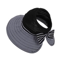 Women's summer open top sun hat with black and white striped brim and bow detail - Black