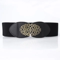 Cinturón ancho elástico negro para mujer con hebilla dorada floral vintage - Negro