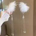 Elegant white feather headband with long pearl tassels and shimmering crystal drops - Silver White Feather