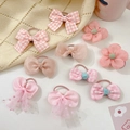 Pink cartoon hair accessories set with plaid bows and lace flowers for girls - Sweet Pink 10Pcs Set